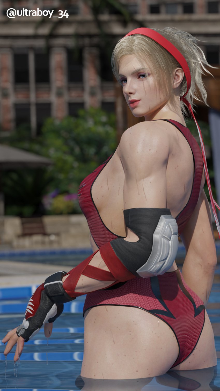 1girls 3d ass ass_focus big_ass big_breasts blonde_hair female female_focus female_only fully_clothed lidia_sobieska looking_at_viewer palm_tree palm_trees pool poolside scar solo solo_female solo_focus swimming_pool swimsuit tekken tekken_8 ultraboy34 water