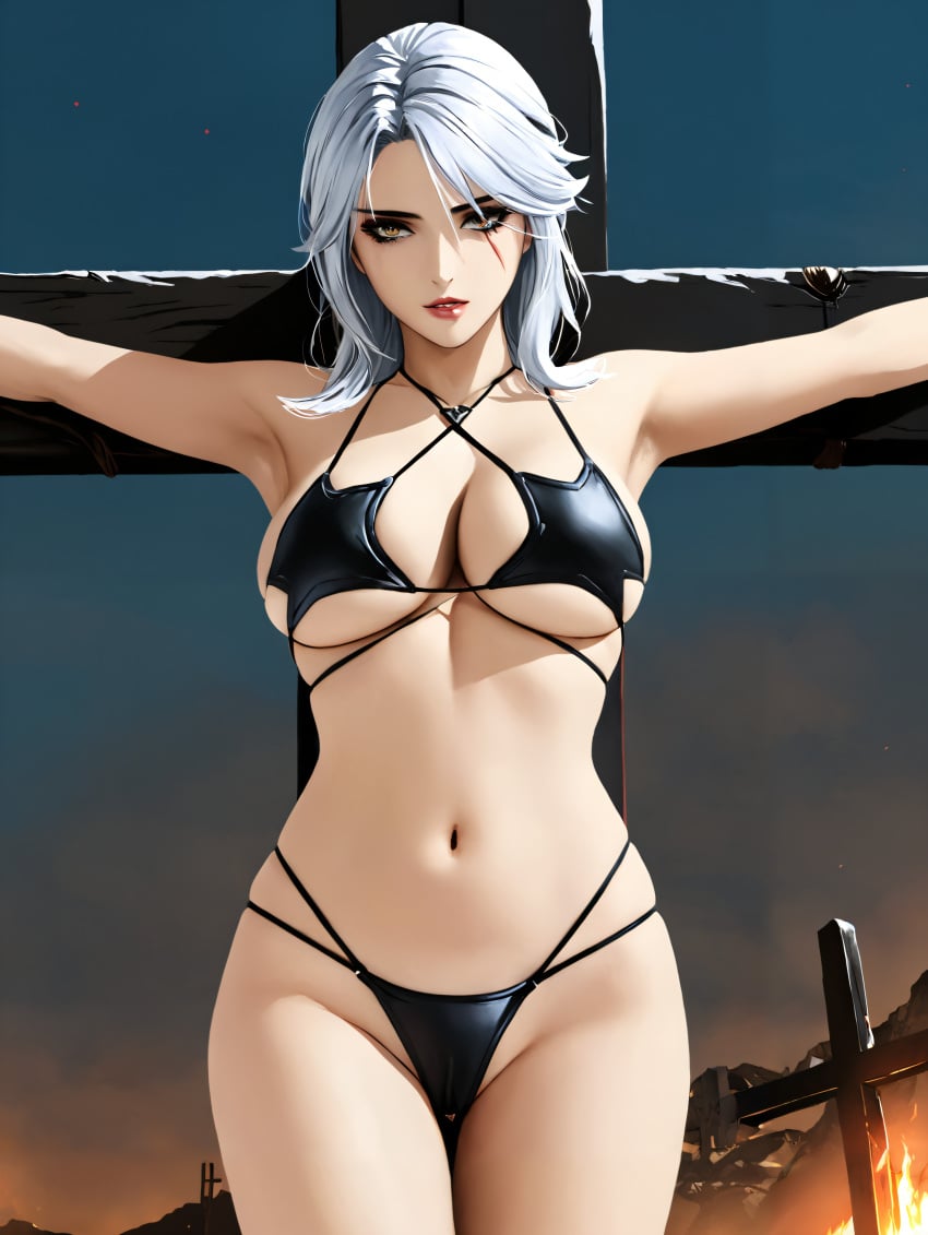 ai_generated breasts cameltoe cathrynedelamort ciri crucifixion female light-skinned_female scar solo swimsuit the_witcher_(series) the_witcher_3:_wild_hunt white_hair