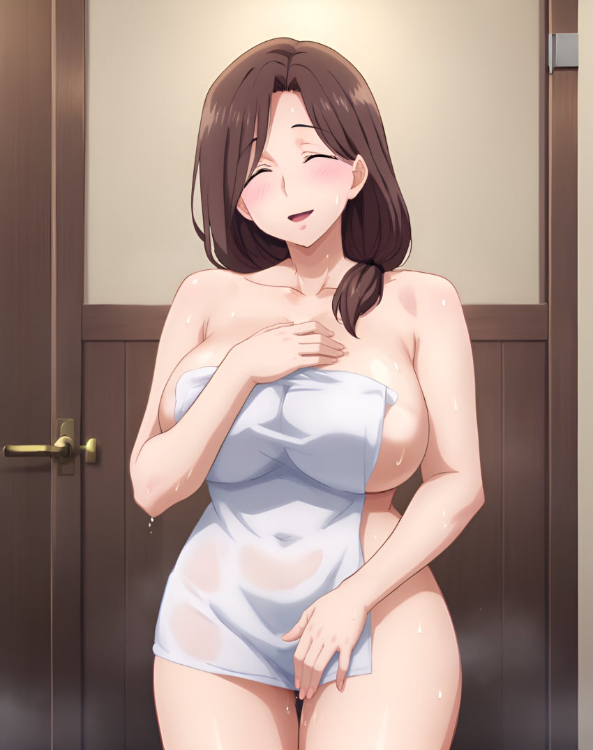 ai-chan's_mother_(tawawa) ai_generated big big_ass blush brown_hair cheating covering_breasts covering_pussy curvy exhausted getsuyoubi_no_tawawa indoors large_breasts mature_female milf mommy ntr partially_nude sweaty_body towel vizagege wife