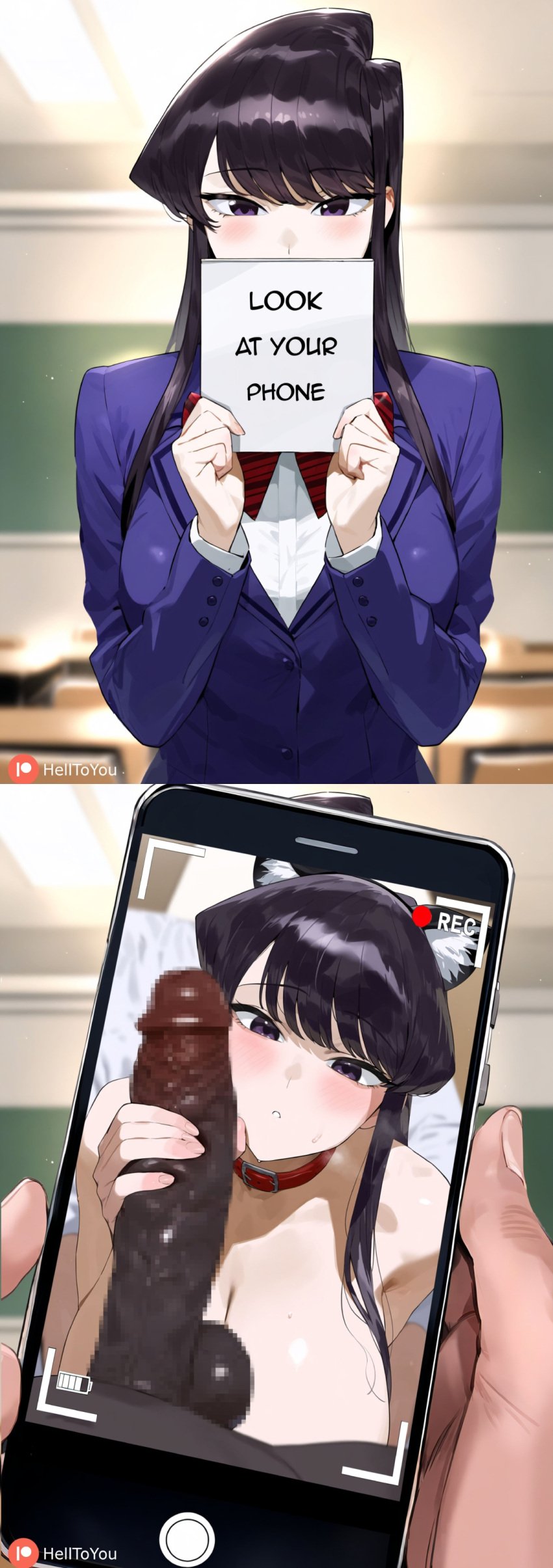 1girls 2boys ai_generated asian asian_female black_eyes black_hair blush breasts cat_ears catgirl censored cheating cheating_girlfriend classroom collar cuckold dark-skinned_male dark_skin english_text erect_penis erection handjob holding_phone komi-san_wa_komyushou_desu komi_shouko large_breasts looking_at_viewer mosaic_censoring netorare notebook ntr penis_bigger_than_head penis_on_face petplay phone phone_screen pov recording school_uniform schoolgirl video_recording