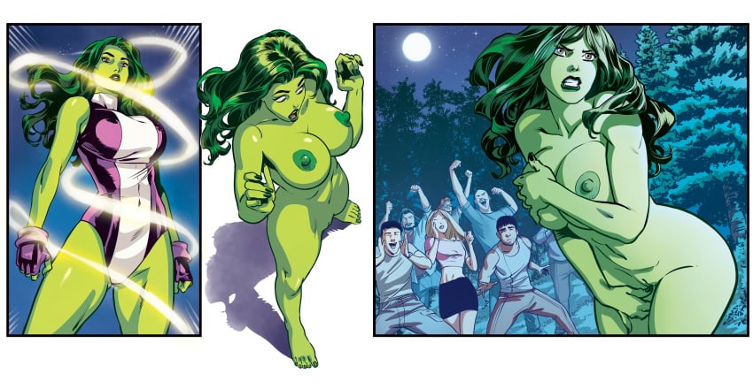 barefoot breasts canonical_scene covering covering_breasts embarrassed embarrassed_nude_female enf feet green_eyes green_hair green_skin jennifer_walters marvel marvel_comics naked naked_female nipples nude nude_female she-hulk stripped stripped_naked toes vincenzo_cucca