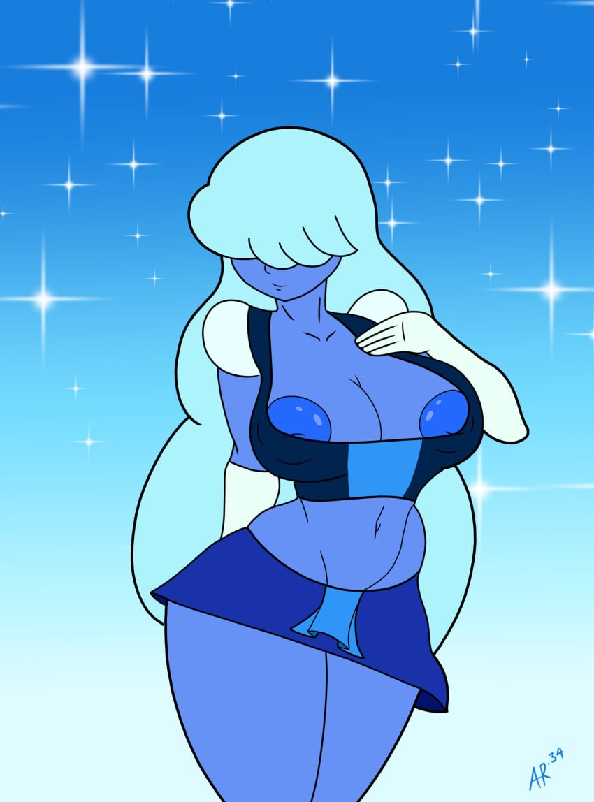 ar34 bangs_over_eyes big_breasts blue_hair blue_skin cleavage elbow_gloves gem_(species) gloves long_hair miniskirt nipples nipples_outside puffy_short_sleeves sapphire_(steven_universe) smile steven_universe thick_thighs v-line wide_hips