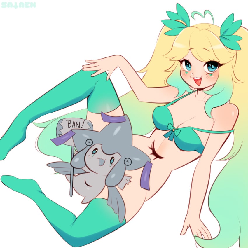 :3 ban_hammer blonde_hair blush bottomless bow bra green_eyes green_hair hammer jirachi robot sataenart sleepybot sleepyjirachi thighhighs twintails two_tone_hair