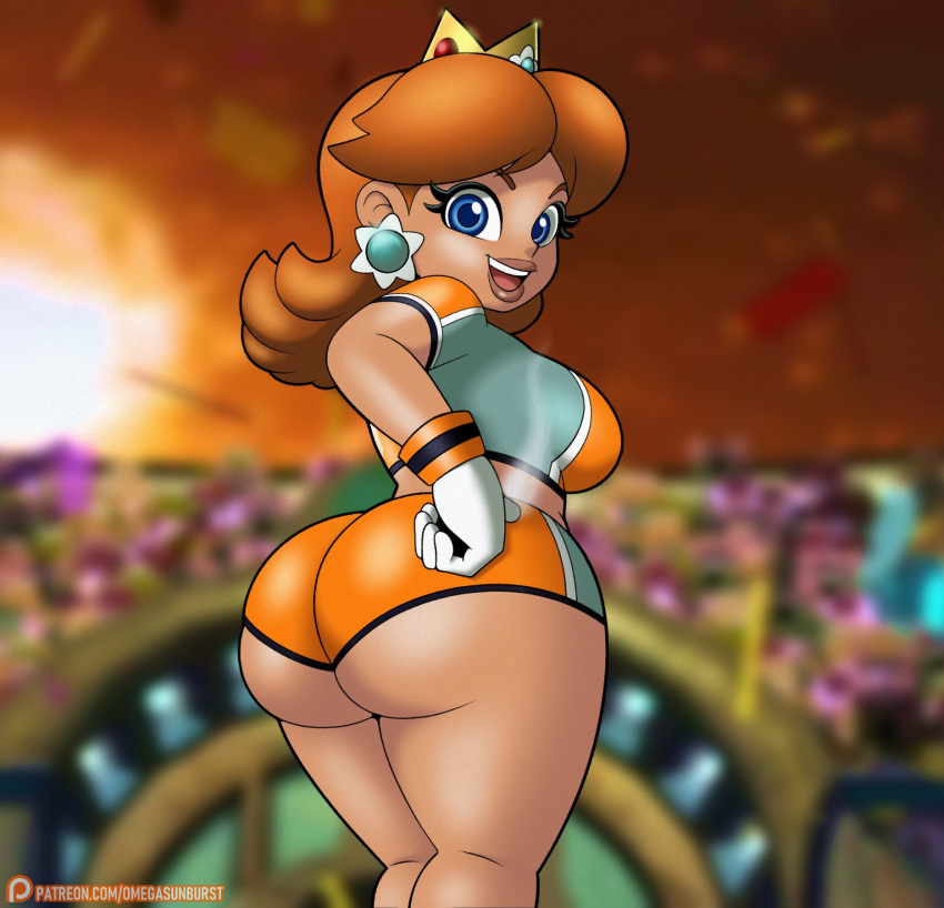 ass ass_focus backboob big_ass big_breasts big_butt blue_eyes brown_hair clothed crown daisy's_hot_stuff_(trend) earrings female female_only gloves huge_ass jersey mario_(series) mario_strikers mario_strikers_princess_daisy_side_view_redraw_(meme) midriff nintendo omegasunburst orange_shorts princess_daisy public_exposure revealing_clothes shorts sideass smile soccer_uniform solo stadium steam tan_body