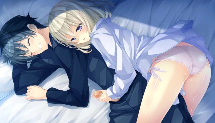 ashishun ass bed black_hair blonde_hair blush censored clenched_teeth closed_eyes female game_cg handjob highres kana_kanna kokonoka lying on_side panties penis pillow primal_x_hearts purple_eyes sasorigatame short_hair sweat underwear