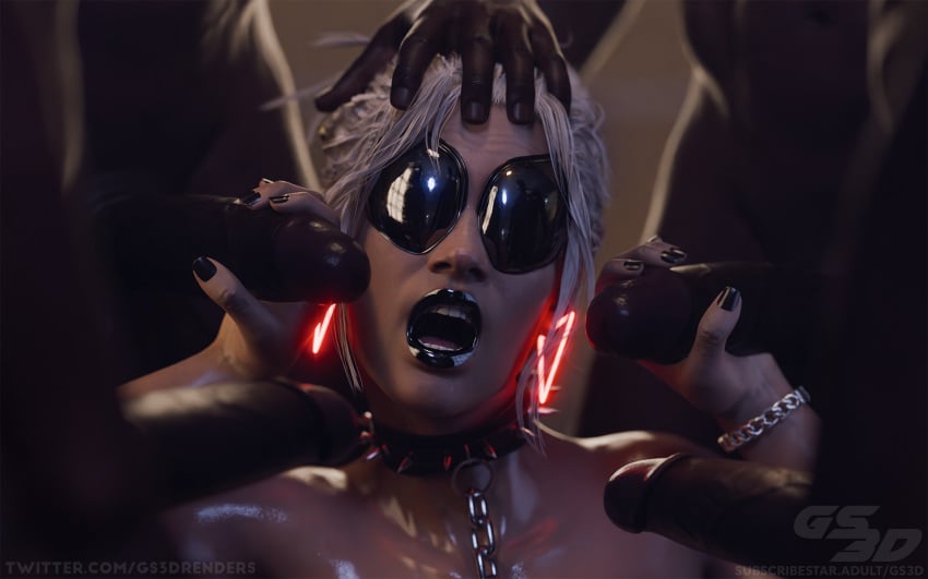 3d bdsm_collar black_male bondage brown_eyes brown_hair brunette_hair chain_leash chained cock cock_hungry cock_worship collar collared cyber_eye cybernetics cyberpunk cyberpunk_(series) cyberpunk_2077 cyberpunk_2077:_phantom_liberty dark-skinned_female dark-skinned_male dark-skinnedsub dark_skin female female_focus forced gang gangbang gs3d handjob interracial male male/female male_on_female multiple_males panam_palmer penis tan_body tan_skin