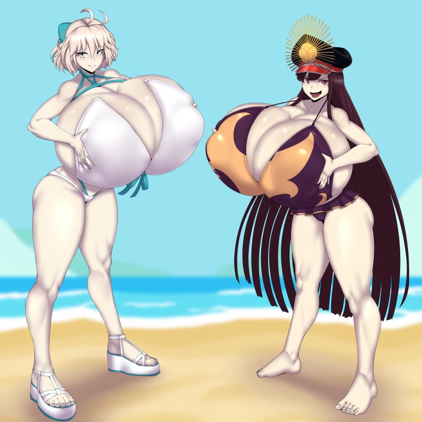 2girls barefoot beach ber00 big_breasts bikini breasts breasts_bigger_than_head breasts_bigger_than_torso busty cleavage fate/grand_order fate_(series) female female_only hat holding_breasts holding_up_breasts huge_breasts hyper hyper_breasts large_breasts looking_at_viewer massive_breasts ocean oda_nobunaga_(fate) oda_nobunaga_(swimsuit_berserker)_(fate) okita_souji_(fate) okita_souji_(swimsuit_assassin)_(fate) png shoes smile swimsuit thick_thighs top_heavy water white_hair wide_hips