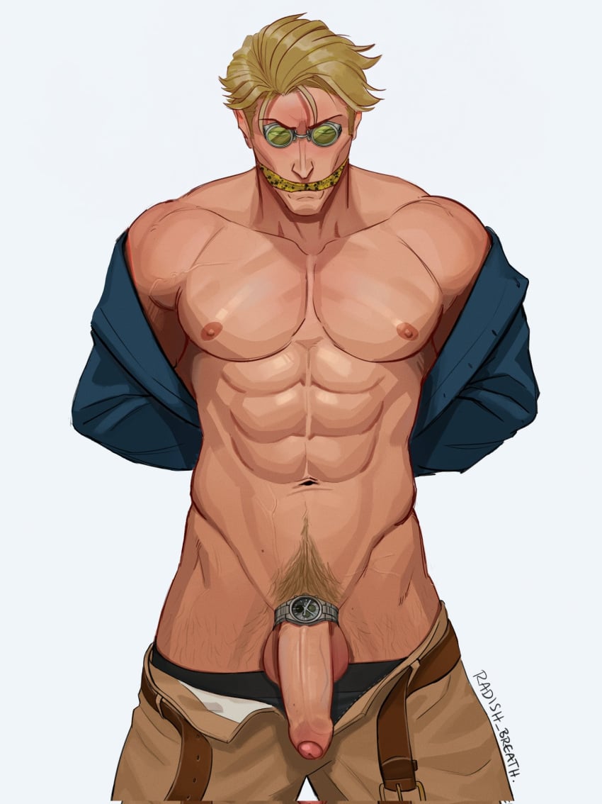 1boy abs bara black_underwear blonde_hair blue_shirt gagged goggles hands_behind_back happy_trail highres jujutsu_kaisen kento_nanami male_focus male_only muscular muscular_male pants_down pecs pubic_hair radish_breath short_hair unbuckled_belt uncircumcised watch white_background