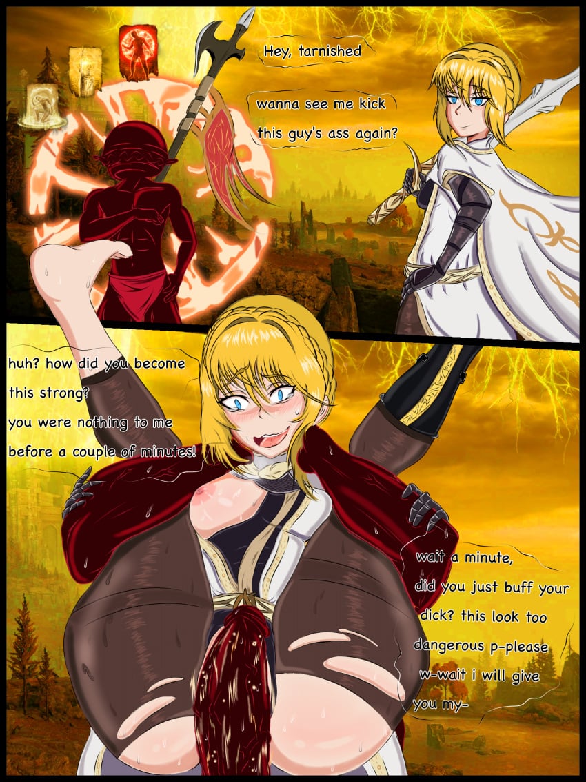 armor before_and_after blonde_hair blonde_pubic_hair blue_eyes clothed_sex dark-skinned_male defeated elden_ring english_text female_knight full_nelson holding_weapon imminent_penetration imminent_vaginal instant_loss instant_loss_2koma muscular needle_knight_leda pantyhose penis_awe shadow_of_the_erdtree smug torn_clothes