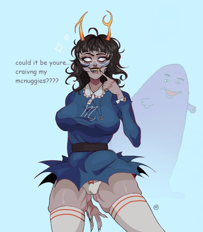 1futa alien alien_humanoid aranea_serket black_hair breasts bulge bulge_to_side clothed clothed_female clownstongue colored_skin dress futa_sans_balls futanari glasses grey_skin herm hermaphrodite homestuck horn horns humanoid humanoid_alien intersex lipstick looking_at_viewer makeup mcnuggies multi_genitalia penis pussy sfw solo suggestive thighs troll unusual_eyes