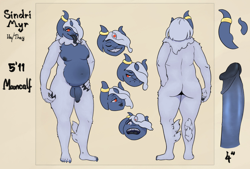 3_eyes absurd_res anthro blue_body blue_skin claws expression_sheet flaccid forehead_eye foreskin front_view fur genitals hi_res horn horn_jewelry horn_ring humanoid jewelry male mismatched_horns model_sheet mooncalf_(sindri_myr) multi_eye nipples nude nude_anthro penis rear_view red_eyes retracted_foreskin ring_(jewelry) sharp_teeth sindri_myr smadging solo teeth tongue tongue_out white_body white_fur