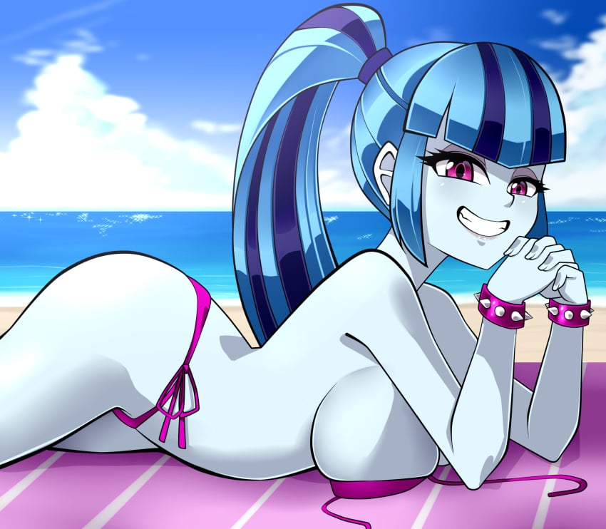 1girls ass beach beach_towel big_breasts bikini bikini_top breasts cloud equestria_girls eyeshadow female female_only friendship_is_magic grin hasbro hi_res highres large_breasts looking_at_viewer makeup my_little_pony nekojackun ocean partially_nude ponytail sideboob solo solo_female sonata_dusk spiked_bracelet spiked_wristband sunbathing swimsuit untied_bikini_top water