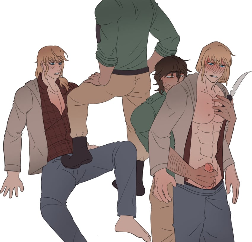 2boys blonde_hair blush boyfriend_to_death brown_hair clothed dominant dominant_male gay handjob jerking knife lawrence_oleander long_hair_male male_only o0xygen pants_down reach_around stepping_on_penis strade submissive submissive_male yaoi