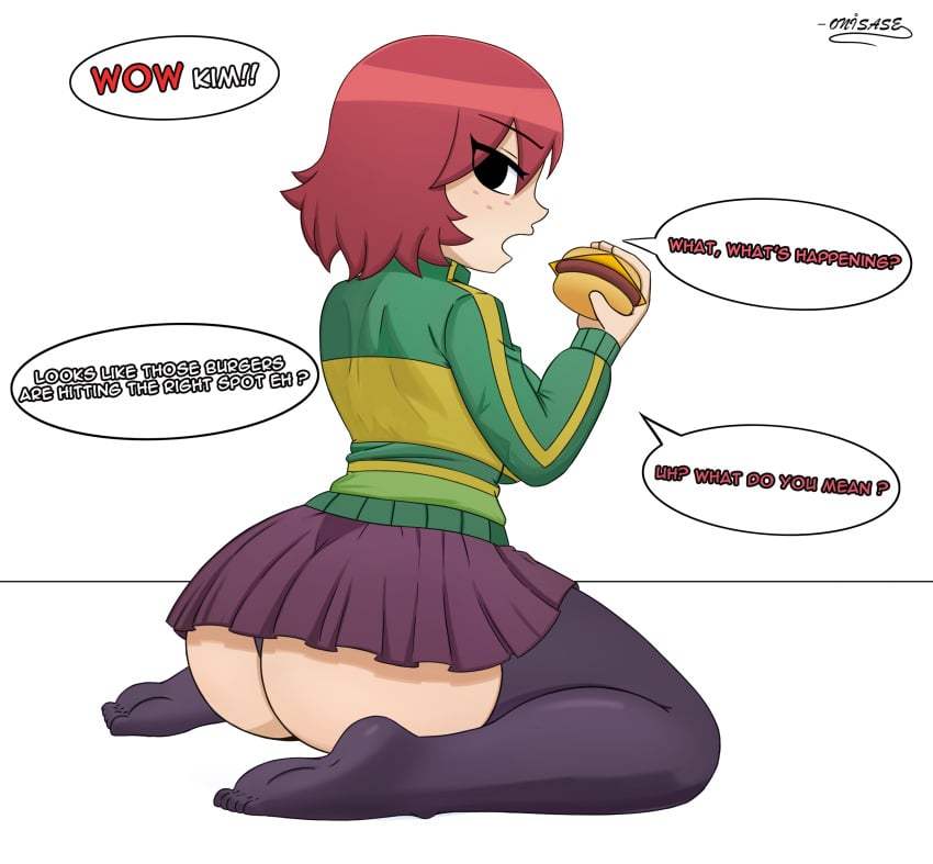 1girls ass_focus black_eyes burger clothed female food freckles jacket kim_pine legwear looking_back onisase panties purple_legwear purple_panties rear_view red_hair scott_pilgrim short_hair skirt solo solo_female stockings thighhighs