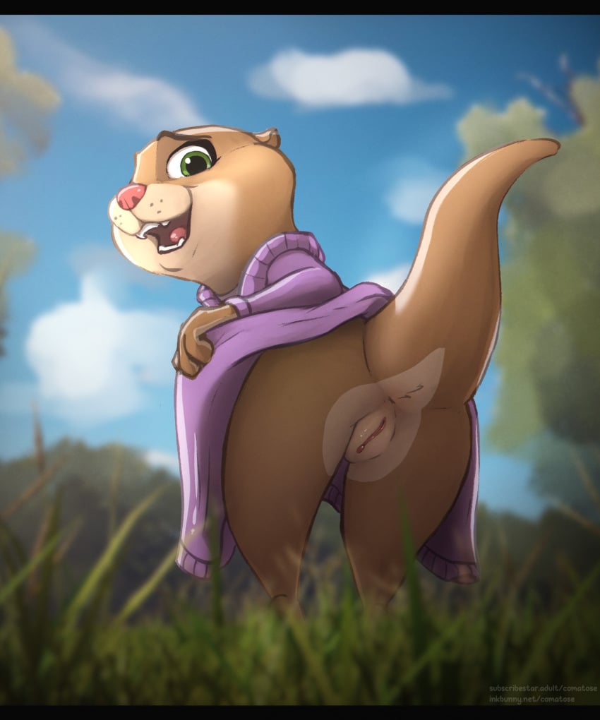 anthro anus ass bent_over bottomwear brown_body brown_fur clothed clothing clothing_lift comatose comatose_(artist) digital_media_(artwork) disney female fur genitals grass green_eyes hi_res lontra looking_at_viewer looking_back mammal mrs._otterton mustelid no_underwear north_american_river_otter open_mouth otter outside plant presenting presenting_hindquarters presenting_pussy pussy raised_bottomwear raised_clothing raised_skirt rear_view river_otter skirt skirt_lift smile solo standing tail teeth tongue tree zootopia