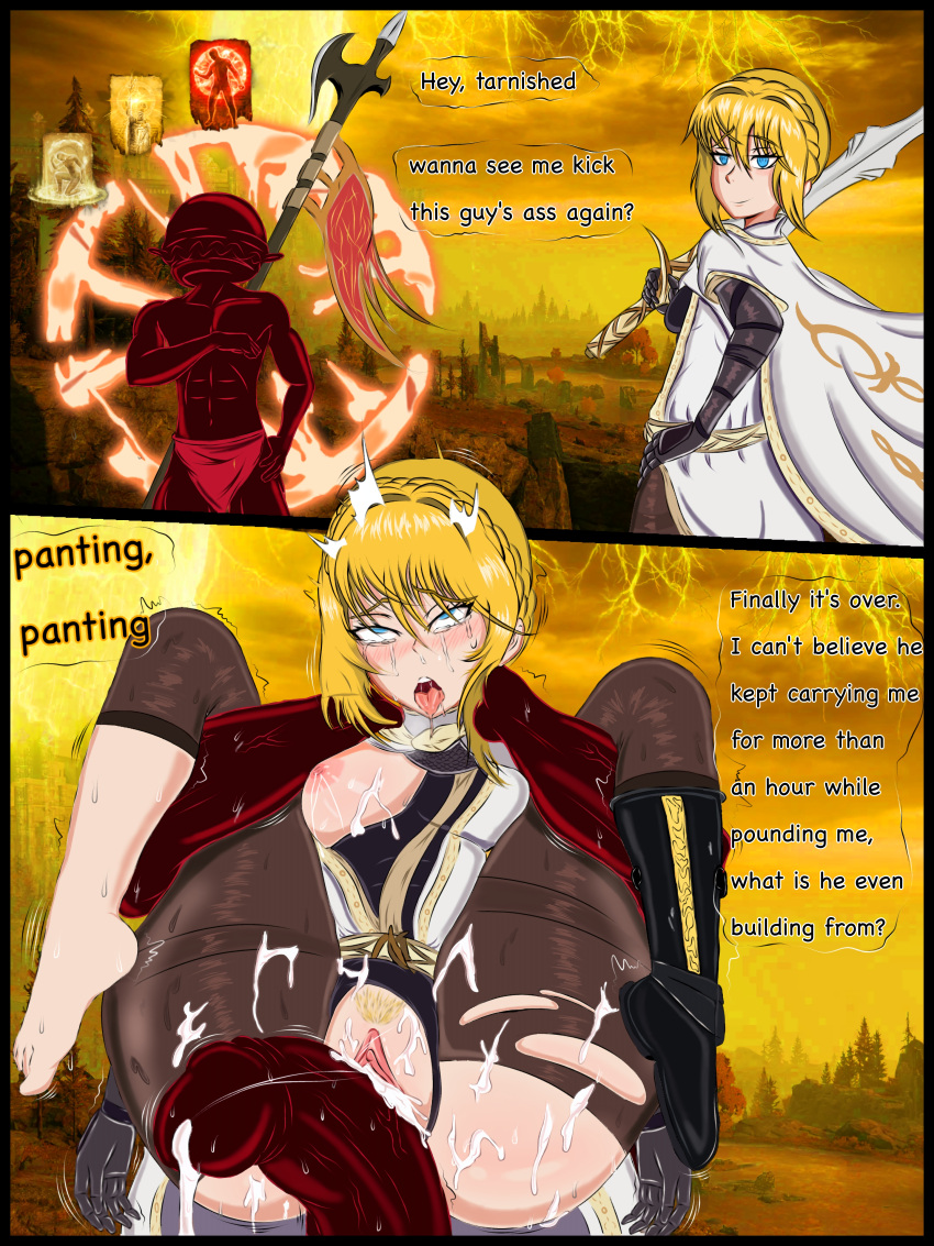 armor before_and_after blonde_hair blonde_pubic_hair blue_eyes broken_rape_victim clothed_sex crying_with_eyes_open cum cum_inside dark-skinned_male defeated defeated_heroine elden_ring female_knight full_nelson holding_weapon instant_loss instant_loss_2koma muscular_male needle_knight_leda pantyhose rolling_eyes sex shadow_of_the_erdtree smug straight submissive_female torn_clothes