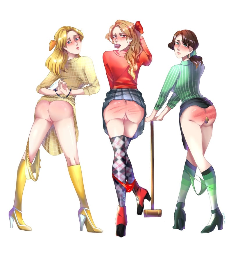 3girls ass_focus black_hair blonde_hair brown_hair commission female female_focus female_only figging hair_ornament heather_chandler heather_duke heather_mcnamara heathers heathers_musical heels legwear looking_at_viewer mouthsoaping multiple_girls panties_down skirt_lift spank_marks