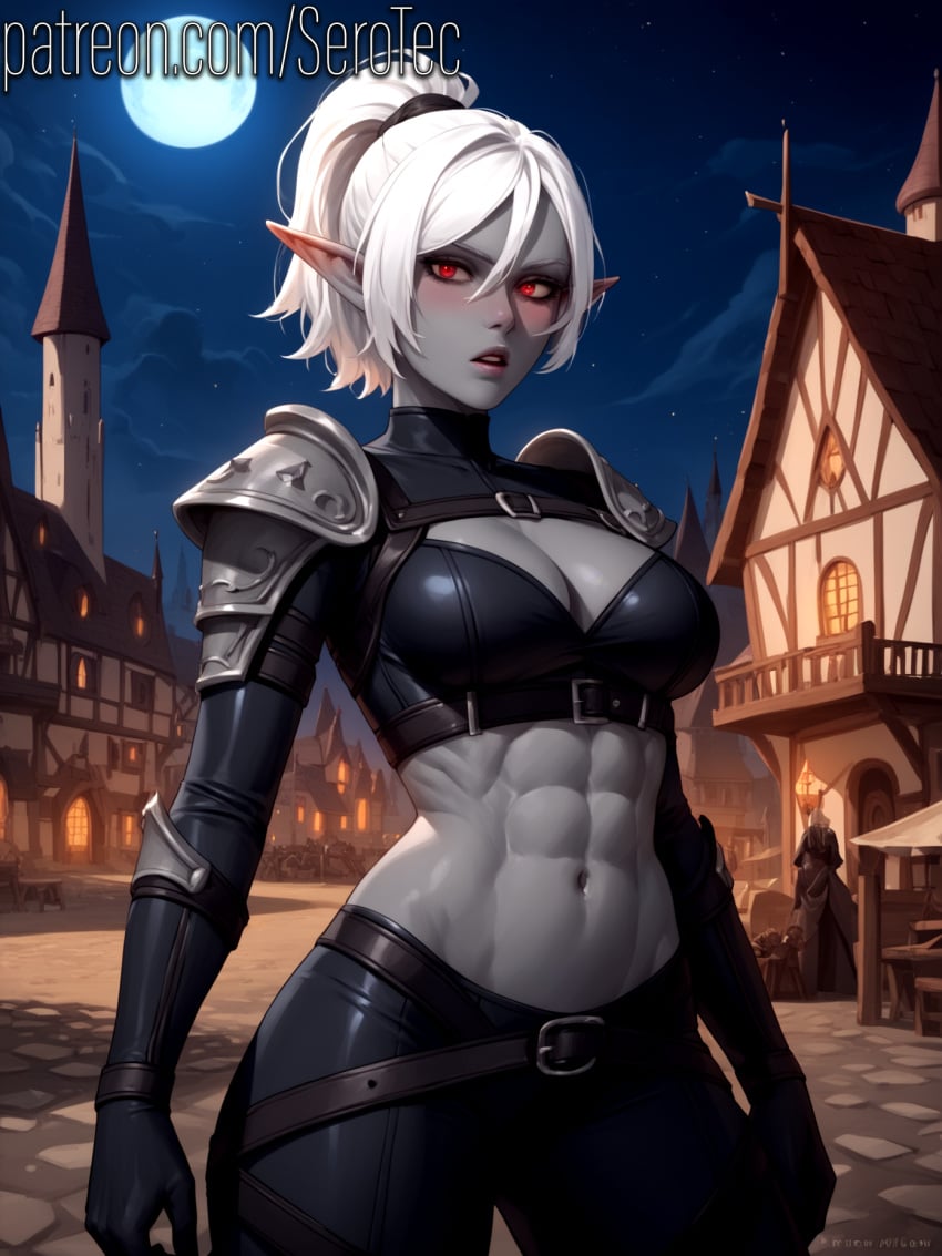 1female 1girls 2d abs ai_generated assassin dark_elf dark_elf_female detailed_female drow female girl hi_res high_resolution highres original_character pony_diffusion_xltasy ponytail serotec silver_hair toned toned_female white_hair