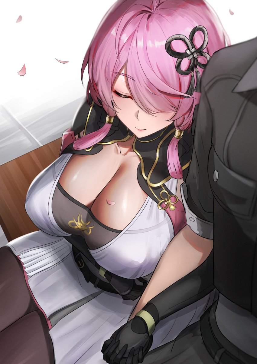 1boy 1girls big_breasts breasts busty cleavage clothing female handholding hans-kun holding_hands huge_breasts large_breasts male male_rover_(wuthering_waves) pink_hair png rover_(wuthering_waves) sakura_petals sleeping taoqi_(wuthering_waves) wuthering_waves