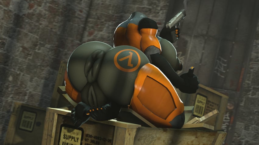 big_anus big_ass big_breasts damndirtydog fat_pussy gun half-life_(series) hev_suit pussy tattoo_on_butt