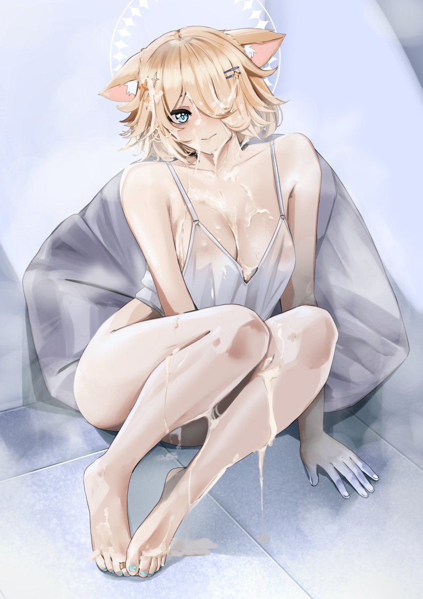 1girls bare_shoulders beanbag blonde_hair blue_eyes blue_fingers breasts cat_ears colored_nails colored_toenails covered_in_cum cum_on_breasts cum_on_face cum_on_upper_body dripping_cum female female_only hair_ornament hair_over_one_eye halo kaneko_lumi legs light-skinned_female light_skin looking_at_viewer no_bra no_panties pantsless phase_connect phase_invaders pupi sad_expression see-through_clothing sitting sitting_on_floor solo tank_top thighs toe_ring virtual_youtuber vtuber