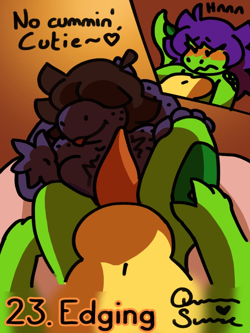 absurd_res anthro big_breasts blush breast_squish breasts brown_hair closed_eyes deltarune dialogue dinosaur duo edging featureless_chest female first_person_view flat_chested freckled_face freckled_hips freckles genitals green_body green_spots gynomorph hair hand_on_knee hand_on_leg heart_symbol hi_res intersex intersex/female kinktober kinktober_2024 kneeling lizard long_hair long_tail looking_down looking_down_at_partner lying masturbation masturbation_pov messy_hair nude on_back orgasm_control orgasm_denial penis prehistoric_species purple_body purple_hair queen_susie reptile scalie signature slightly_chubby spots squirm_(sound_effect) squirming squish susie_(deltarune) tail text thick_thighs throbbing throbbing_penis tongue tongue_out trixie_(queen_susie) undertale_(series) yellow_eyes yellow_sclera yellow_underbelly