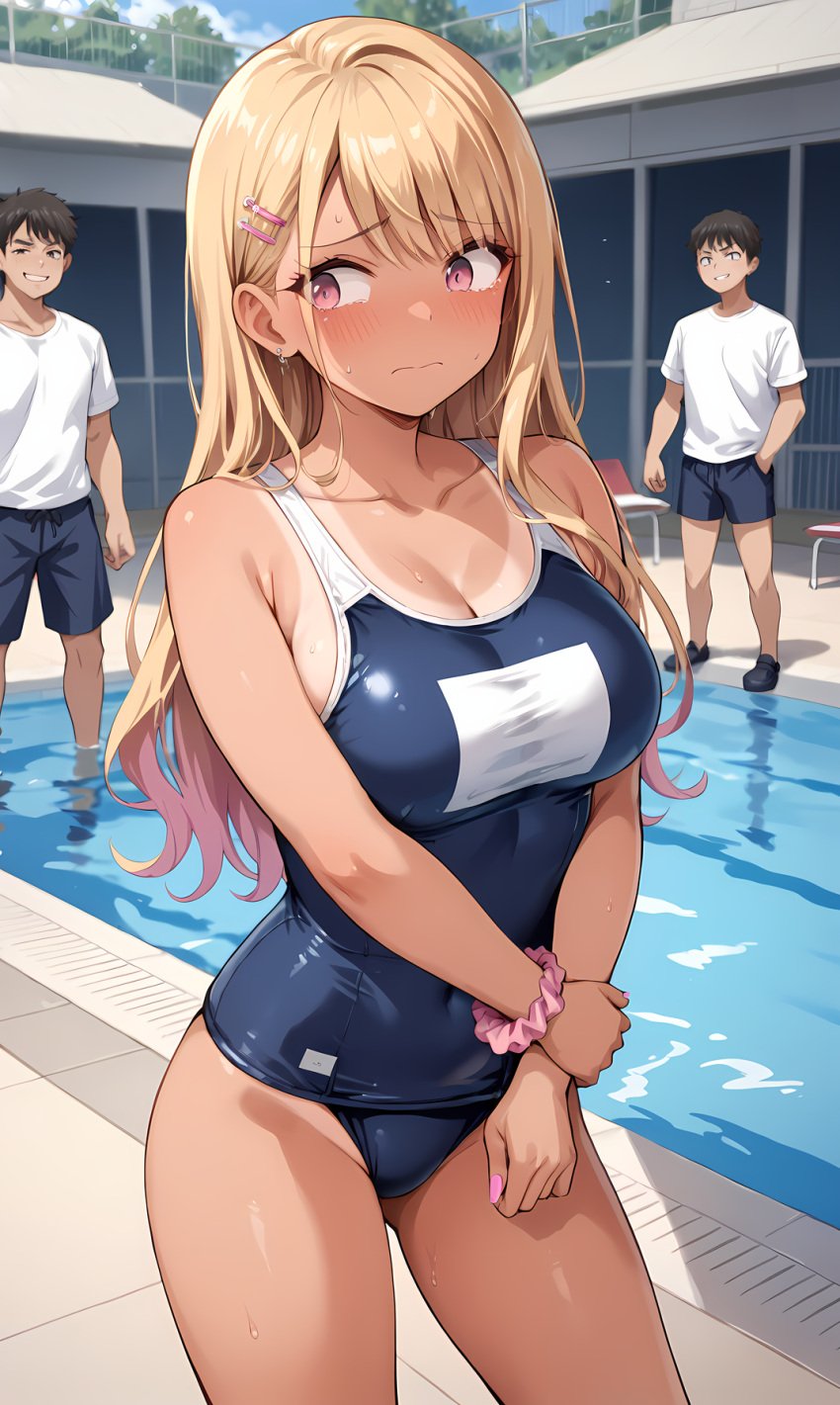 2boys ai_generated blonde_hair blush breasts dark_skin ear_piercing embarassed female gyaru imminent_rape long_hair multiple_boys not_a_shark outdoors piercing pool poolside school_swimsuit stable_diffusion standing swimsuit tan tan_line tan_lines tanline tanlines tanned wet