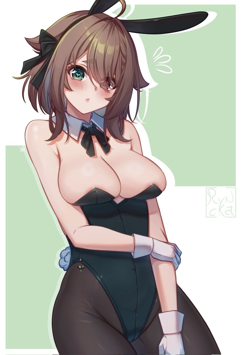 1girls 2d 2d_(artwork) alternate_costume big_breasts blush brown_hair bunny_ears bunny_tail bunnysuit covered_nipples embarrassed embarrassed_female eternals_(idol_corp) female female_focus female_only front_view gloves green_eye heterochromia high_resolution highres idol_corp idol_es latam_virtual_youtuber light-skinned_female light_skin looking_at_viewer meica red_eye ryncka sexy short_hair slim_girl solo solo_female solo_focus tight_clothing virtual_youtuber vtuber vtuberfanart young younger_female