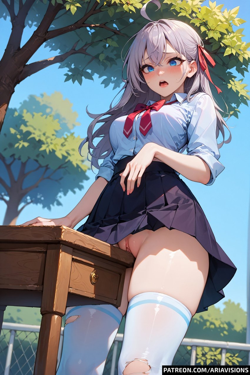 ai_generated alisa_mikhailovna_kujou ariavisions blue_eyes bottomless masturbation pussy roshidere skirt_lift table_humping tokidoki_bosotto_russian_de_dereru_tonari_no_alya-san uncensored white_hair