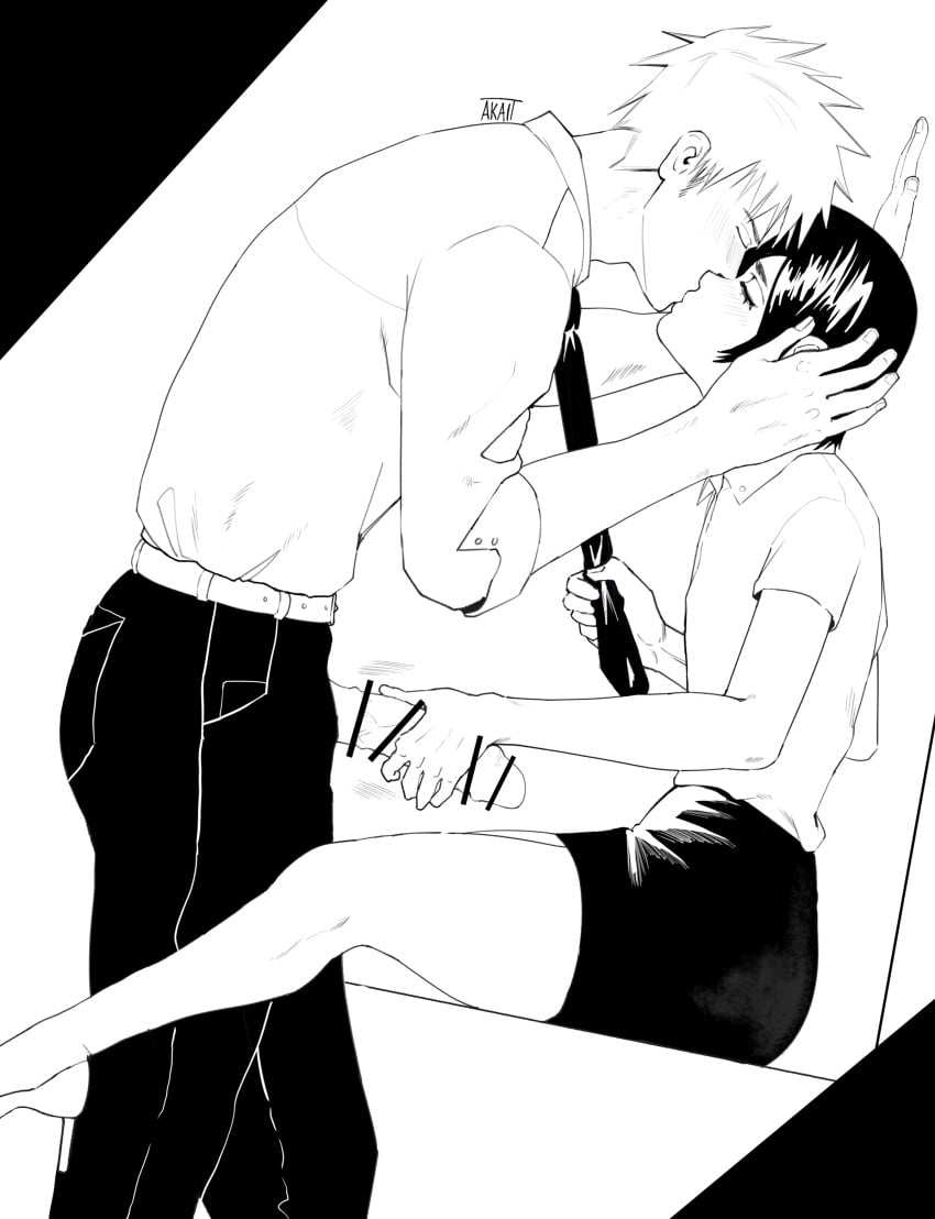 1boy 1girls akai_tonbo big_penis black_and_white bleach censored female handjob ichigo_kurosaki kissing kuchiki_rukia large_penis male monochrome penis school_uniform tagme