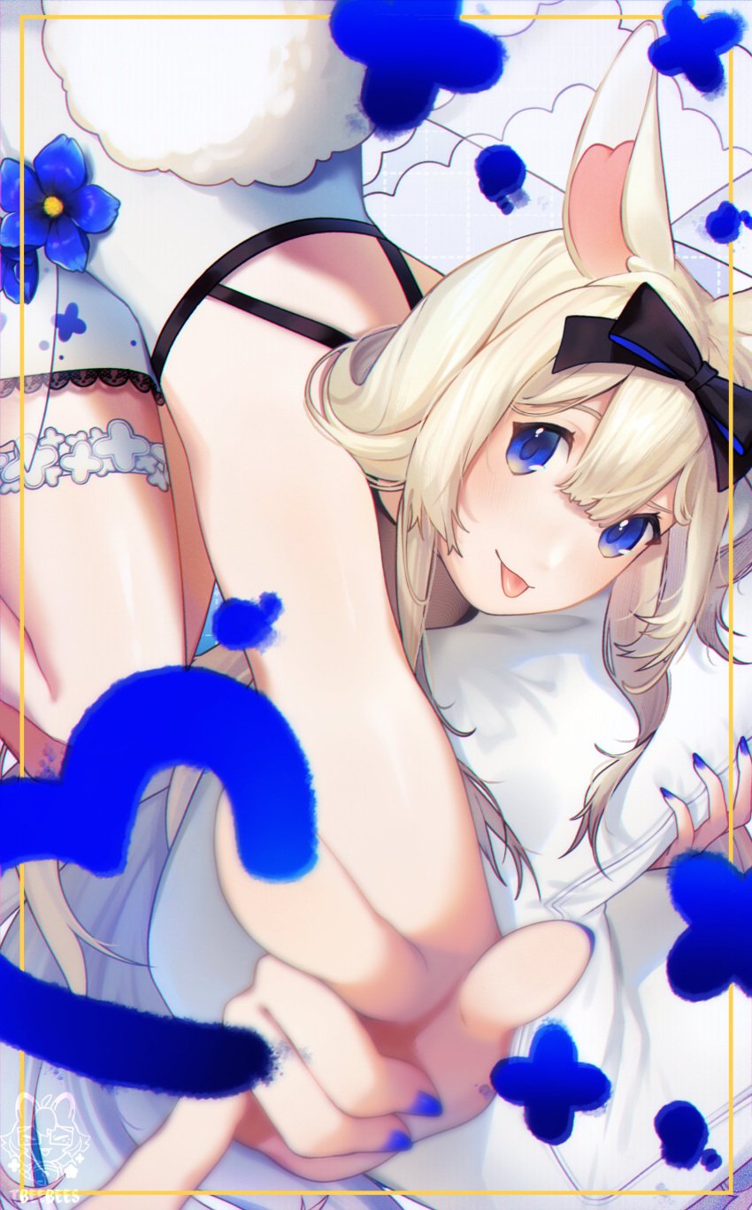 1girl :p animal_ears bangs bare_shoulders black_bow blonde_hair blue_bow blue_eyes blue_flower blue_nails blurry blurry_foreground blush bow bunny_ears bunny_girl female flower hair_between_eyes hair_bow long_hair looking_at_viewer lying multicolored_nails nail_polish on_stomach ribbon solo tail tongue tongue_out virtual_youtuber vyugen yenko