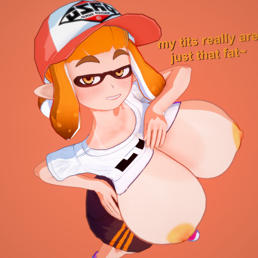 1girls 3d 9191k agent_4_(splatoon) areolae big_breasts bike_shorts cap huge_breasts inkling inkling_girl nintendo solo splatoon splatoon_(series) splatoon_2 t-shirt tagme