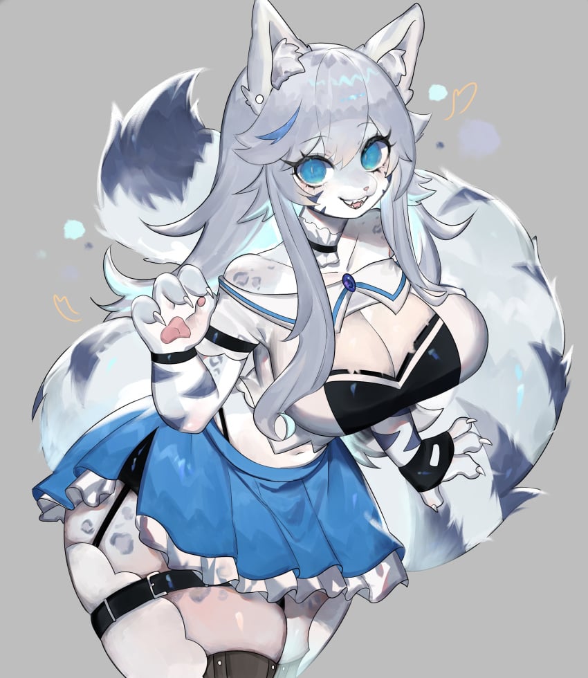 1girls 4_fingers anthro big_breasts blue_eyes cat_ears cleavage_cutout clothed clothing commission felid feline female female_only fur furry furry_tail grey_background hi_res long_hair looking_at_viewer pawpads skirt smiling smiling_at_viewer solo tail thick_thighs toge77789 togetoge white_hair