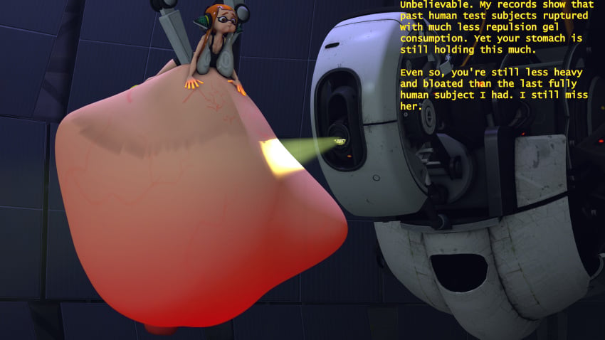 3d agent_3_(splatoon) belly belly_button belly_expansion captain_(splatoon_3) crossover eastern_and_western_character glados inflation inkling inkling_girl kaori_(splatoon) orange_hair portal_(series) ready_to_pop repulsion_gel robot robot_girl robotic_arm sfm source_filmmaker splatoon stomach stomach_bulge stomach_deformation stuffing suspension valve vore