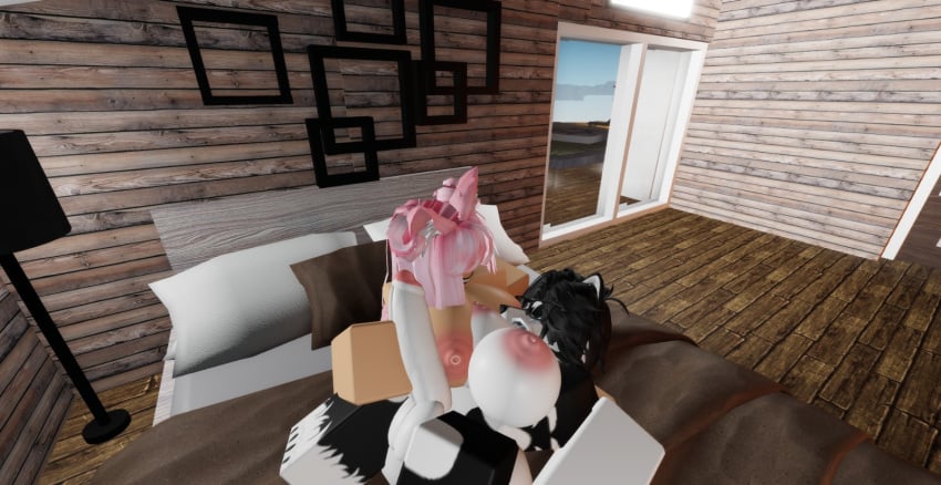 1girl1futa 3d big_breasts big_penis black_hair cat_ears catgirl furry futanari naked_female pink_hair roblox roblox_avatar roblox_condo roblox_game roblox_studio robloxian