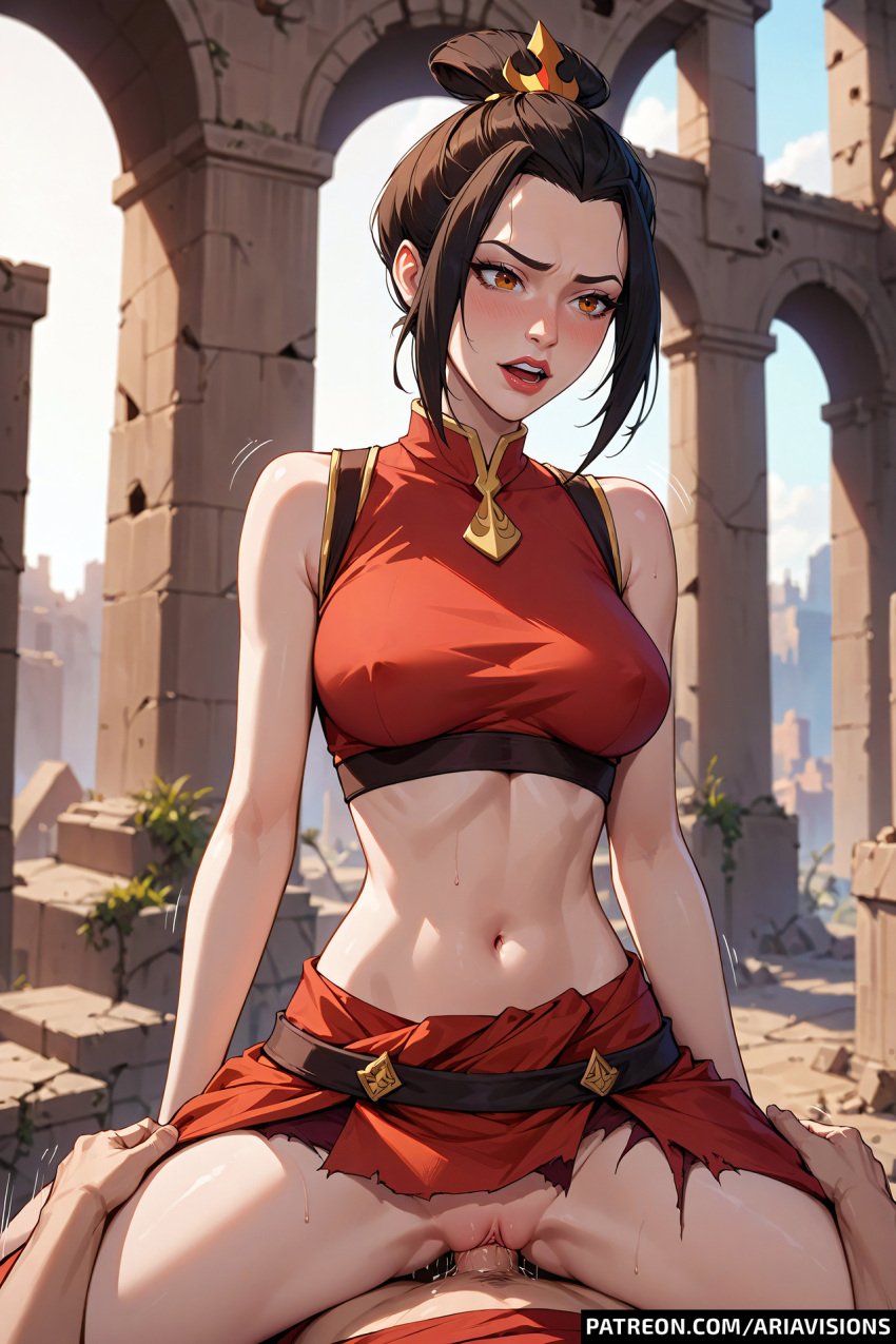 1boy 1girls ai_generated ariavisions avatar_legends avatar_the_last_airbender azula black_hair clothed_sex cowgirl_position female fire_nation hands_on_hips male male/female mountain orange_eyes outside outside_sex pokies riding sex torn_clothes