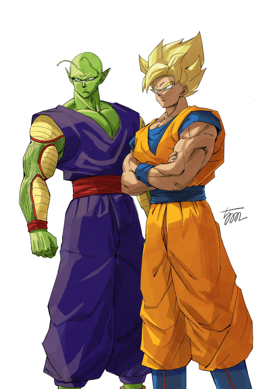 2boys age_difference blonde_hair dragon_ball dragon_ball_z green_skin muscular muscular_male piccolo son_goku super_saiyan