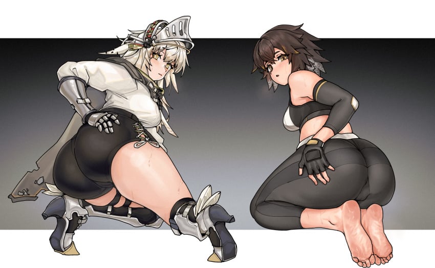 2girls arknights ass congopostvi fartooth_(arknights) female female_only plume_(arknights) sports_bra