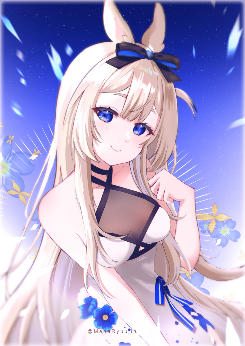 1girl bangs bare_shoulders black_choker blonde_hair blue_eyes blue_ribbon blue_sky blurry blush bow breasts bunny_ears bunny_girl choker closed_mouth collarbone criss-cross_halter depth_of_field dress eyebrows_visible_through_hair female flower hair_between_eyes hair_bow halterneck hand_up long_hair looking_at_viewer medium_breasts night night_sky ribbon sky smile solo star_(sky) starry_sky striped very_long_hair virtual_youtuber vyugen white_dress yenko