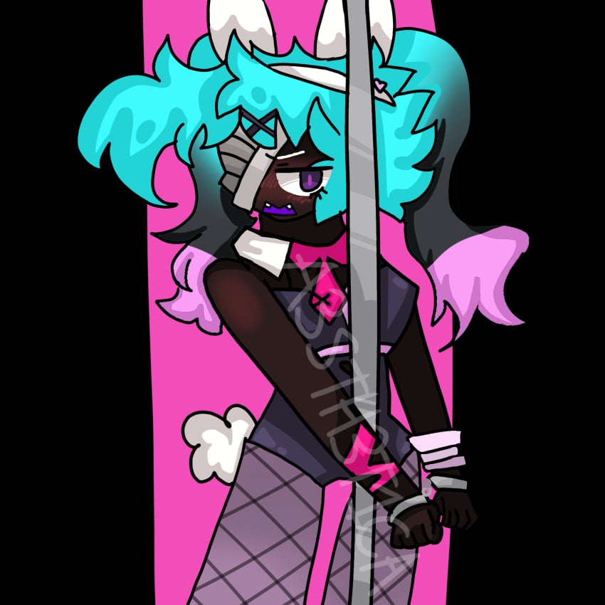 a3sth3t1ca angry_expression animation_meme_community black_and_pink blush bunny_tail bunnysuit fishnet_stockings fishnets handcuffed handcuffed_to_pole handcuffs headband looking_at_viewer lynx_(lynxpaw_xd) lynxpaw_xd pink_pupils pole pole_dancing purple_eyes purple_mouth rabbit_ears rabbit_hole_(cosplay) rabbit_hole_(deco*27/caststation) red_tie sharp_teeth teal_hair teal_to_black_hair tie twintails