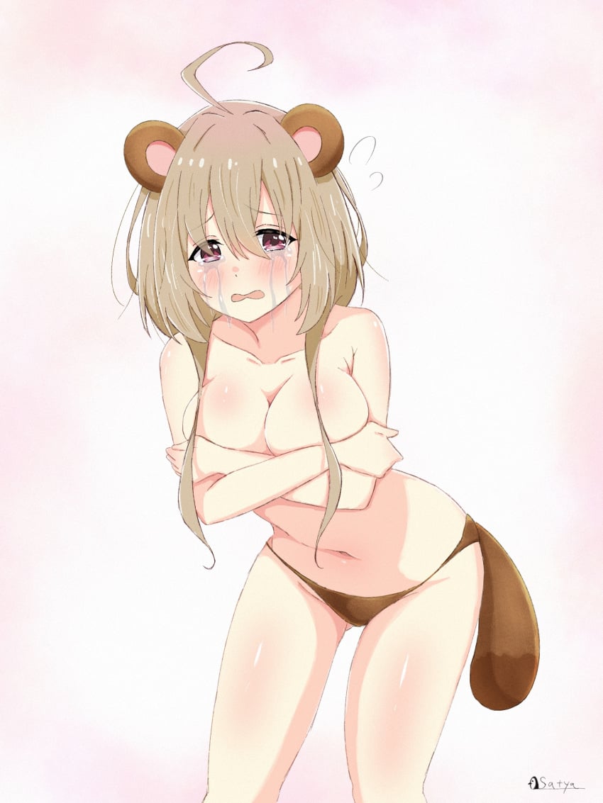 1girls big_breasts breasts crying embarrassed embarrassed_female female female_only my_deer_friend_nokotan panties panties_only pink_eyes satya shikanoko_nokonoko_koshitantan short_hair tan_hair tanuki_ears tanuki_tail tanukikouji_kinu