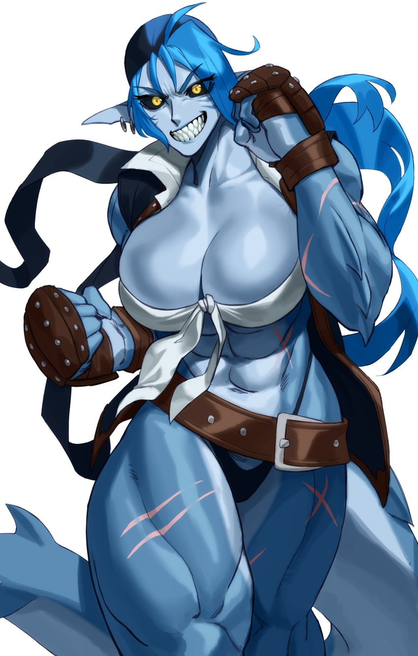 1girls abs big_breasts black_sclera blue_hair blue_skin cleavage commission female female_only humanoid long_hair looking_at_viewer muscular muscular_female muscular_thighs pointy_ears shark shark_girl shark_humanoid sharp_teeth solo sotcho tail teeth_clenched very_high_resolution white_background yellow_eyes