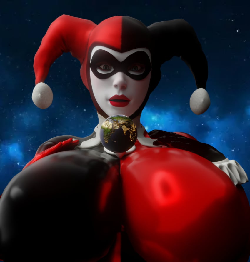 3d batman:_arkham_knight batman_(series) bigger_than_earth blue_eyes clown dc dc_comics giantess harley_quinn harley_quinn_(arkham) harley_quinn_(arkham_knight) harley_quinn_(classic) huge_breasts isquashyou looking_down red_lipstick smile solo