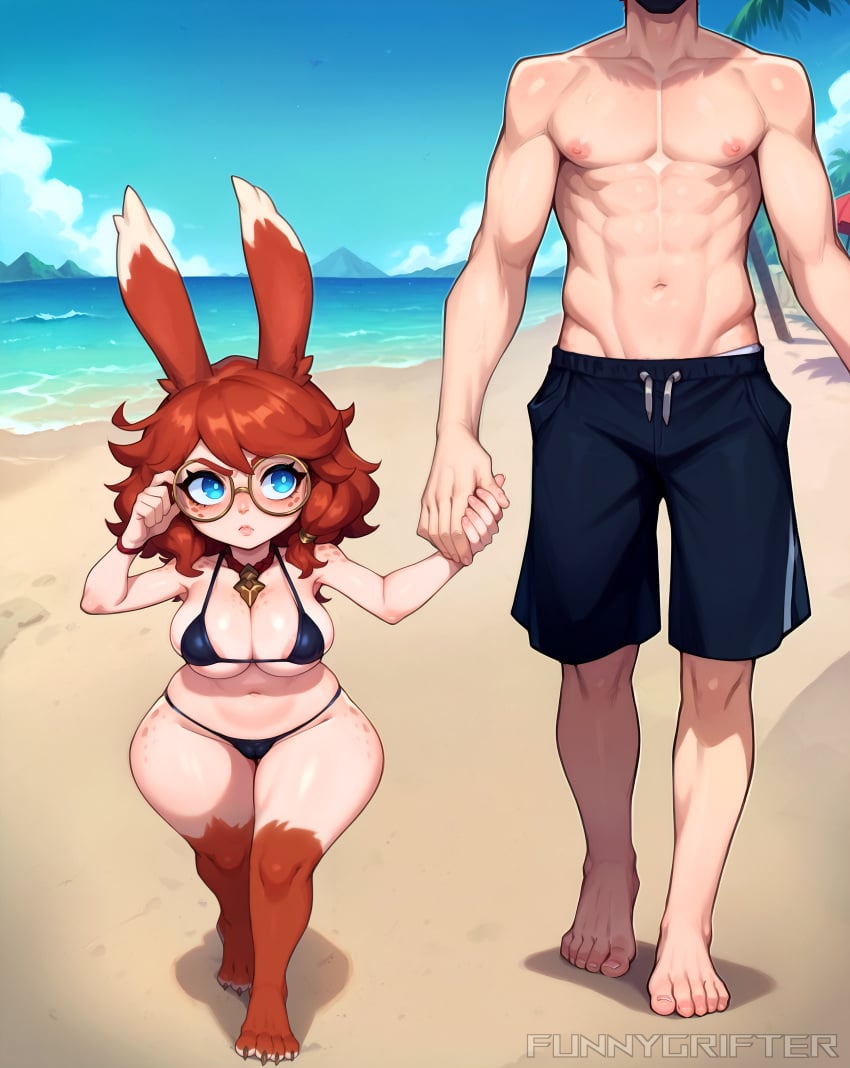 1boy 1girls adjusting_glasses ai_generated aurora_(league_of_legends) beach bikini blue_eyes female freckles funnygrifter glasses head_out_of_frame holding_hands league_of_legends male necklace no_sex outdoors rabbit_ears rabbit_humanoid red_hair riot_games short_hair shortstack size_difference swimwear vastaya walking