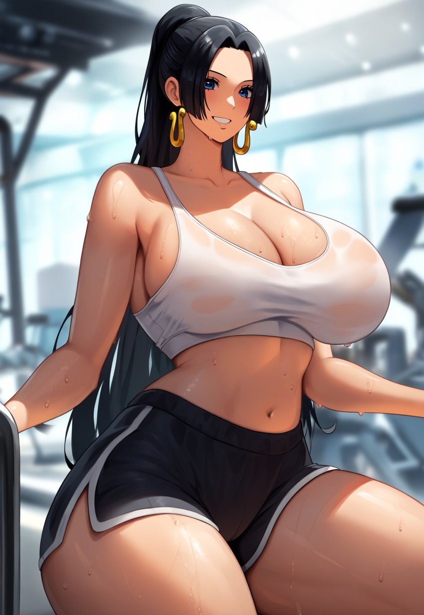 ai_due ai_generated black_hair blue_eyes boa_hancock breasts cleavage female female_focus female_only huge_breasts large_breasts one_piece ponytail shorts solo tank_top thick_thighs thighs tied_hair white_tank_top