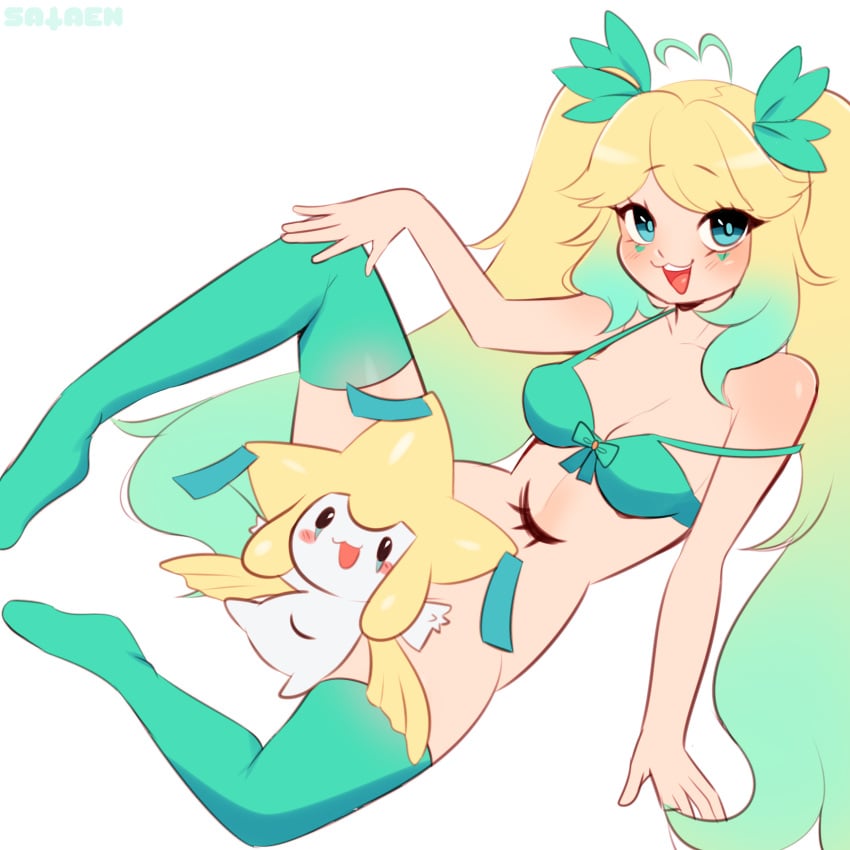 :3 blonde_hair blush bottomless bow bra green_eyes green_hair jirachi sataenart sleepyjirachi thighhighs twintails two_tone_hair