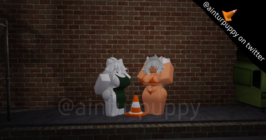 2girls 3d alley apron big_breasts bra bunny catgirl cone dark females foxgirl johndoega nighttime nsfw roblox robloxian self_upload tagme twitter_username watermark