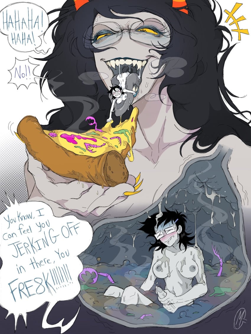 2girls alien alien_humanoid black_hair clownstongue color colored colored_skin dialogue digestion fangs female female_focus female_only food full_color futanari giantess glasses grey_skin homestuck homestuck_troll horn horns humanoid humanoid_alien intersex june_egbert long_hair long_hair_female masturbating masturbation pizza short_hair short_hair_female size_difference troll vore vriska_serket