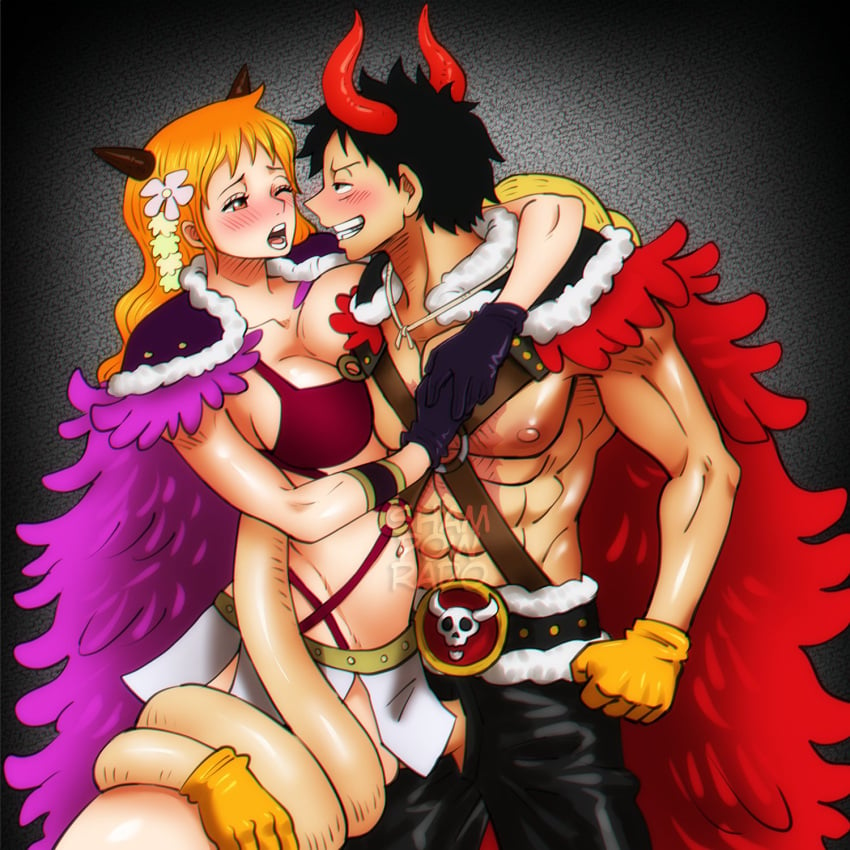 1boy 1boy1girl 1girls akuma_no_mi beast_pirates_(cosplay) big_breasts black_hair blush breasts cleavage clothed_sex curvy curvy_body curvy_female dominant_male female gomu_gomu_no_mi horns implied_penetration long_hair male moaning monkey_d_luffy muscular muscular_male nami one_piece orange_hair penis penis_out pleasure_face sex shampowrado short_hair six_pack skimpy skimpy_clothes standing stealth_sex stretchy_arms tagme