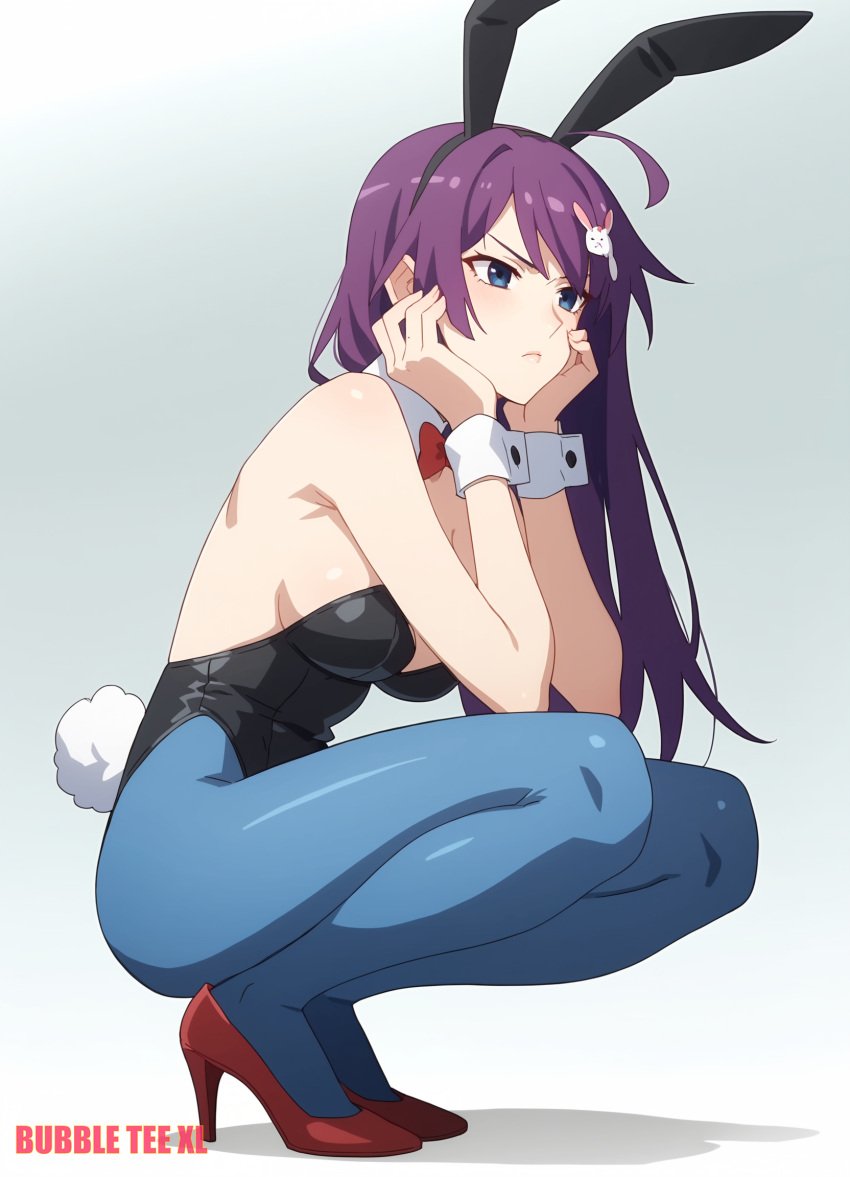 1female 1girls ai_generated bakemonogatari breasts bubbleteexl bunny_ears bunny_girl bunnysuit commentary_request english_commentary female female_only high_heels long_hair medium_breasts mixed-language_commentary monogatari_(series) normal_breasts pout pouting purple_hair senjougahara_hitagi solo squatting